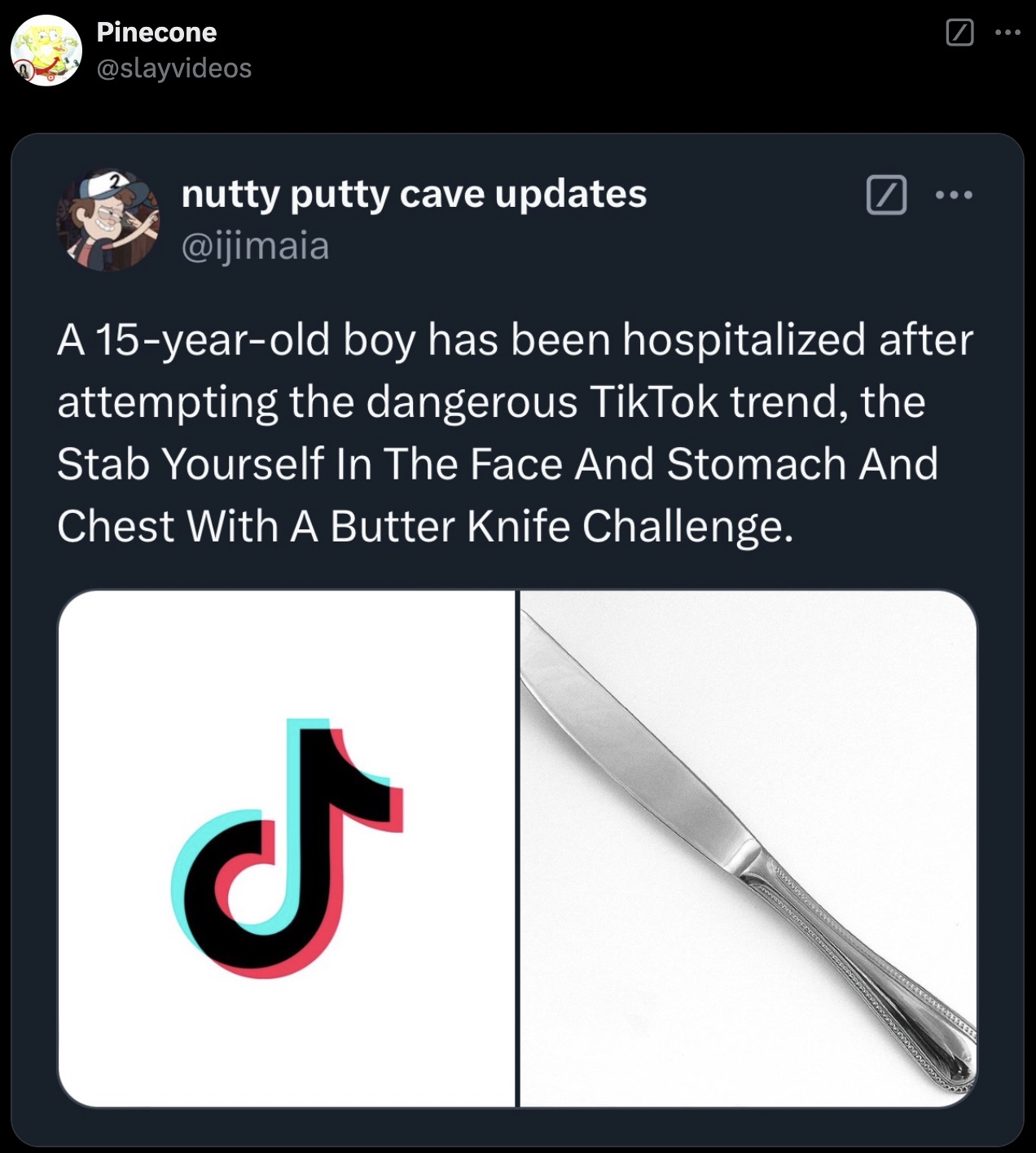 screenshot - Pinecone nutty putty cave updates A 15yearold boy has been hospitalized after attempting the dangerous TikTok trend, the Stab Yourself In The Face And Stomach And Chest With A Butter Knife Challenge. ...